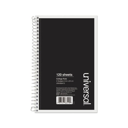Wirebound Notebook 3 Subjects, Medium/College Rule, Black Cover, 9.5 x 6, 120 Sheets