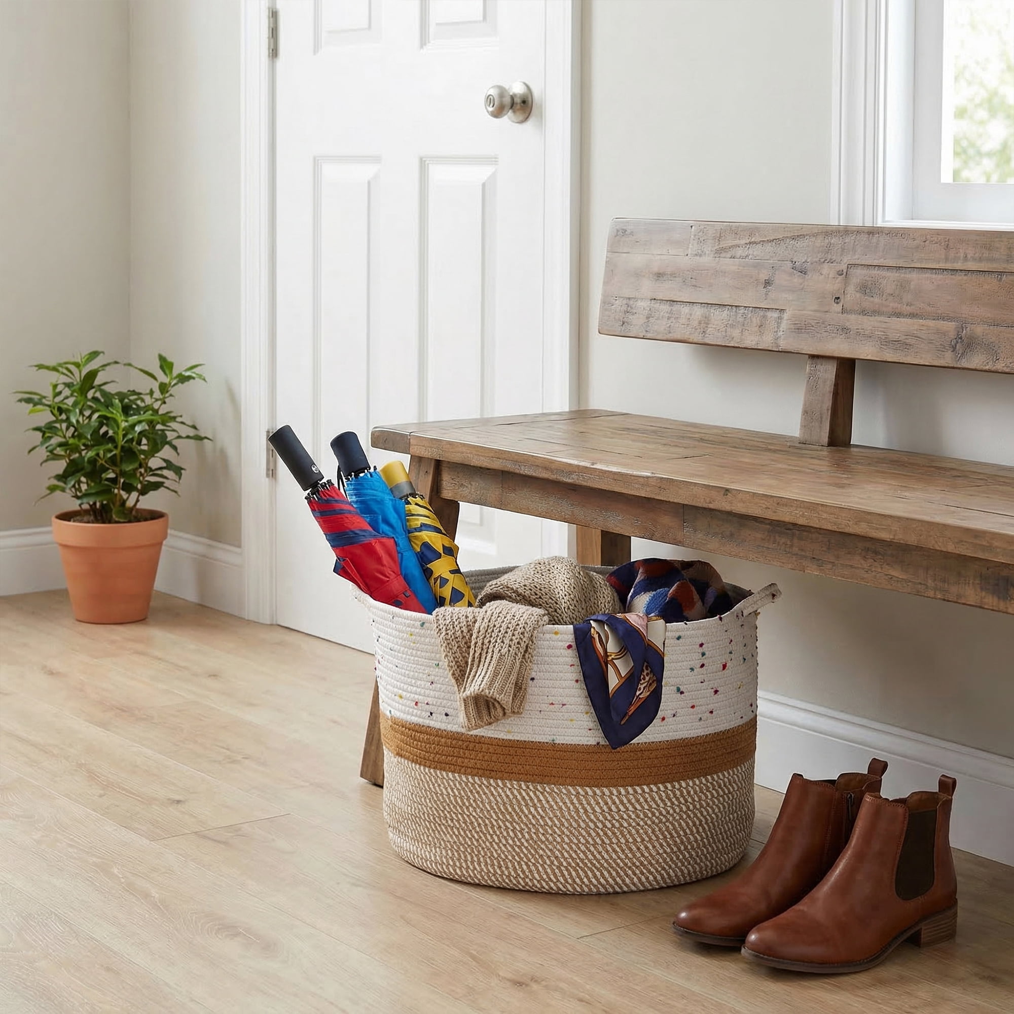 Unique Bargains Multiple Use Woven Storage Bin for Home White Brown 17.7*17.7*12.6in