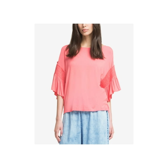 DKNY Ruffled 34-Sleeve T-Shirt Womens shirt MSRP $90 Pink L