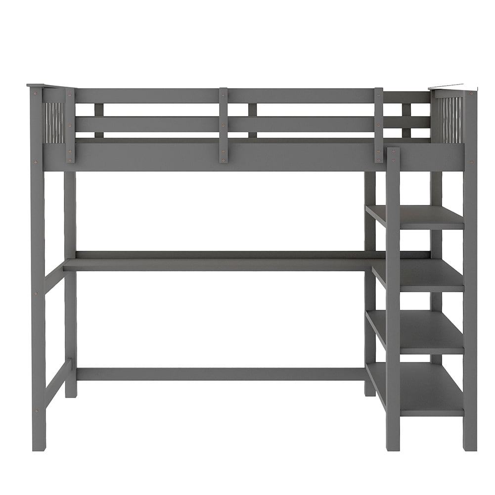 Kadyn Twin Size Loft Bed with Storage Shelves and Under-bed Desk, Gray