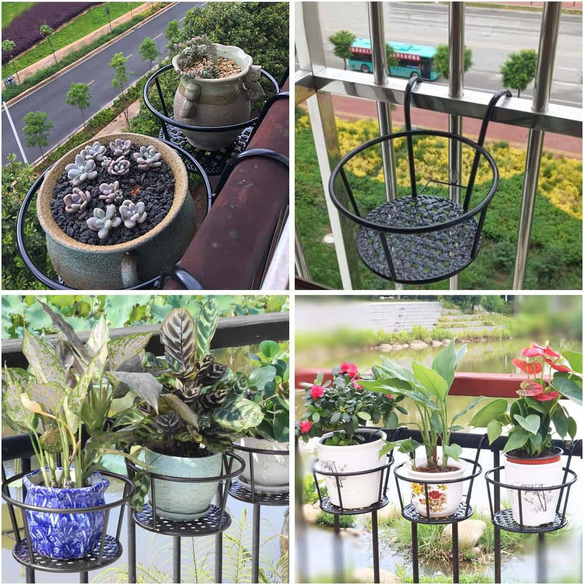 ABCISI Over The Rail Flower Pot Holder for Railings Planter Iron Fence Planters Hanging Planter Pot Container 16.5x10.5x20cm (Black)