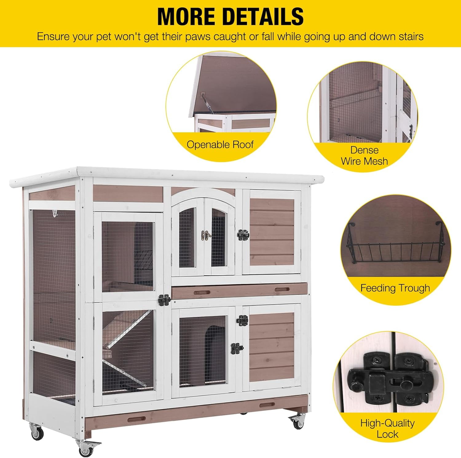 Aivituvin Bunny Cage Rabbit Hutch Indoor Rabbit House with Wheels Outdoor Guinea Pig House with Two Plastic Tray (Brown)