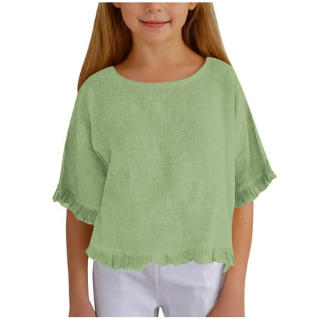 AWZXDE Girls Short Sleeve Shirt With Linen Ruffled Hem Fashionable Round Neck Loose Casual Solid Color Blouse girls tops tees & blouses Green,5-6 Years