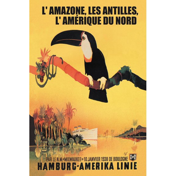 Art.com The Amazon, Antilles, and North America: Hamburg-Amerika Cruise Line Art Print, 24" x 36"