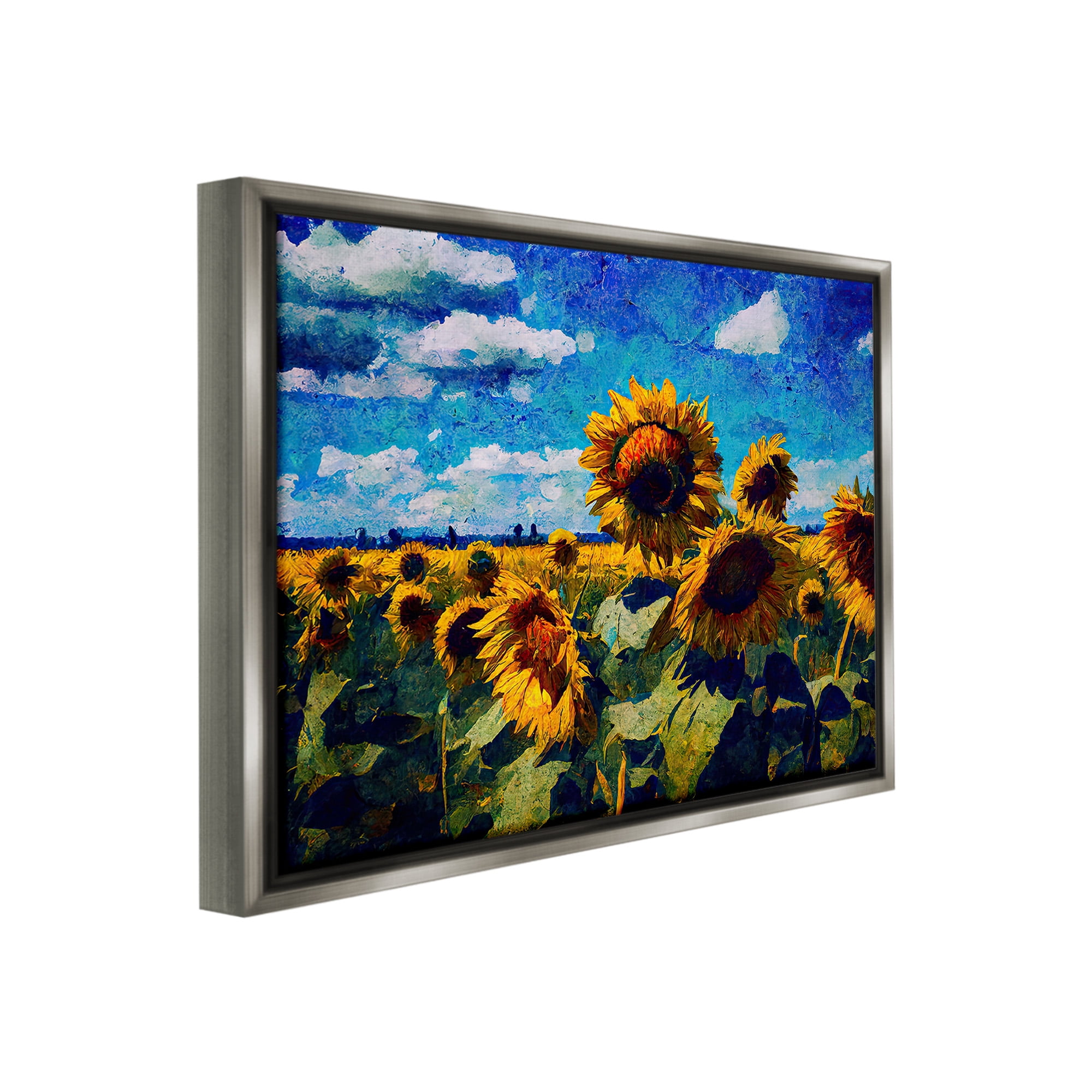 Stupell Industries Sunflower Field & Clouds Landscape Painting Gray Floater Framed Canvas Art Print Wall Art, 21 x 17