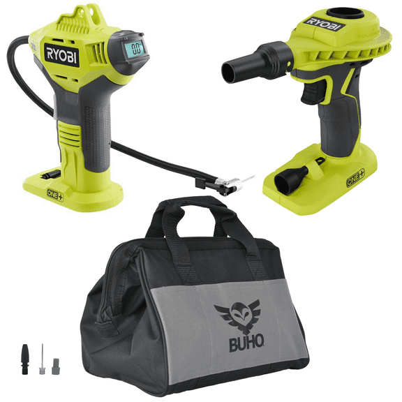 Ryobi P737 Portable Tire Pump Inflator with P738 High Volume Inflator and Buho 15 Inch Tool Bag (Bare Tool Items)