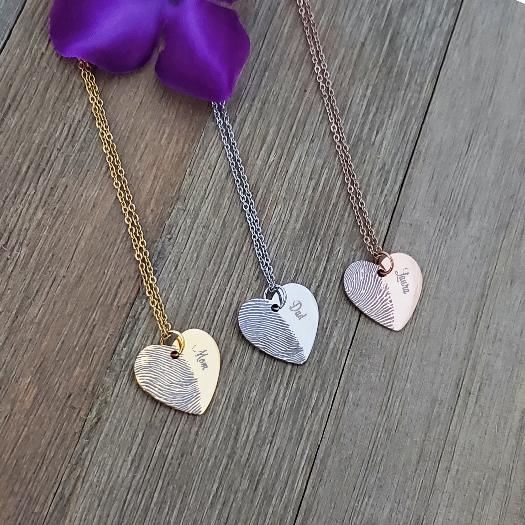 Personalized Half Heart Fingerprint Necklace Memorial Keepsake Stainless Steel Engraved Actual Thumb Print Jewelry Engraving with Gift Box [Rose Gold]