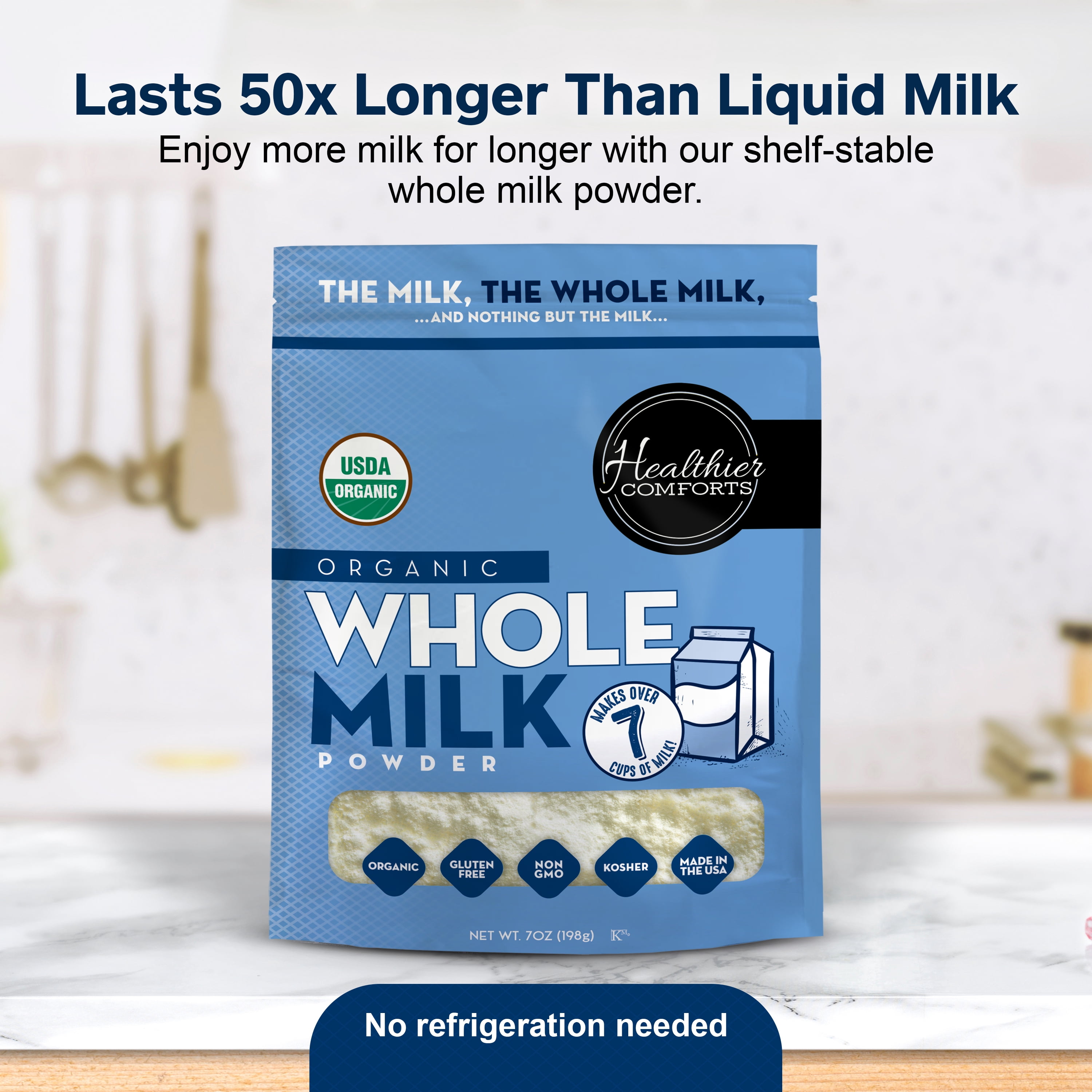 Healthier Comforts Organic Whole Milk Powder 7oz | Certified USDA Organic | Kosher, Gluten Free, Non-GMO Dry Powder Whole Milk | Dried Milk w/Resealable Packaging, Shelf Stable