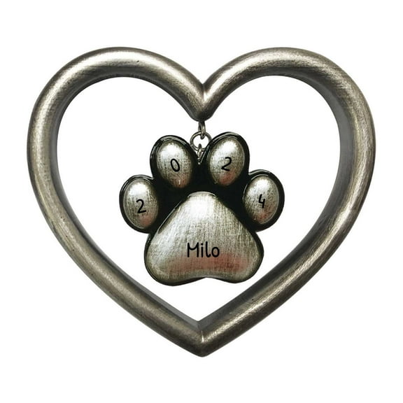 Ornaments by Elves Personalized Silver Dog Paw in Heart Christmas Tree Ornament Pet Decor .25lbs