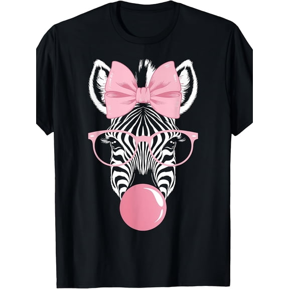 Retro Zebra Wearing Glasses Blowing Pink Bubble Gum Graphic Tee for Men Women, Cute Animal Short Sleeve T-Shirt, Casual Crew Neck Top for Party Daily Wear