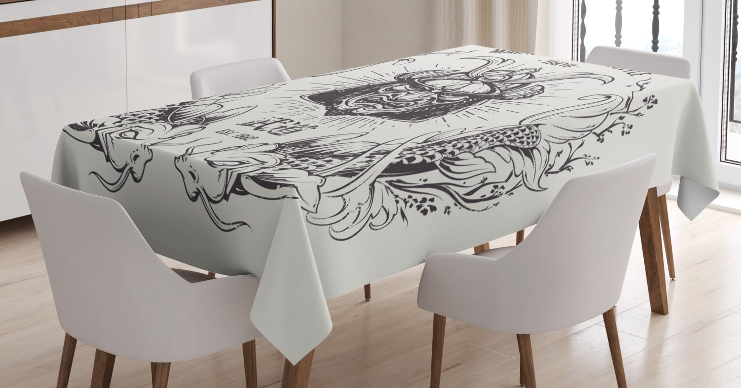 Asian Tablecloth, Traditional Japanese Samurai Mask Koi Fish Martial