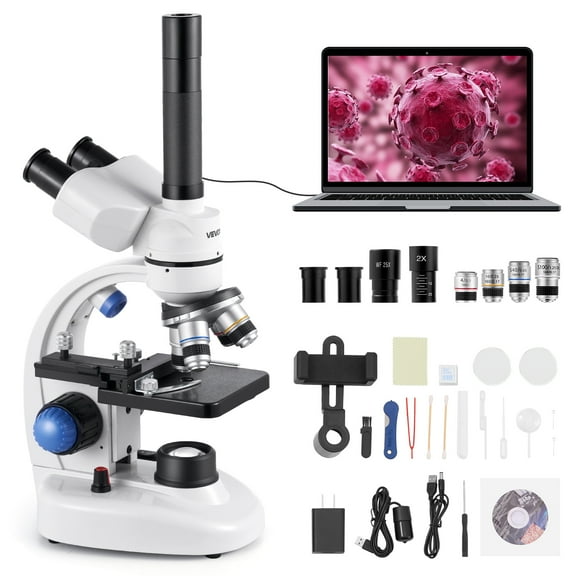 VEVOR Trinocular Microscope, 40-5000X Magnification, Professional Compound Microscope for Adult with Phone Adapter, LED Light, Aluminum Alloy Body, for Lab, School, Home, Education