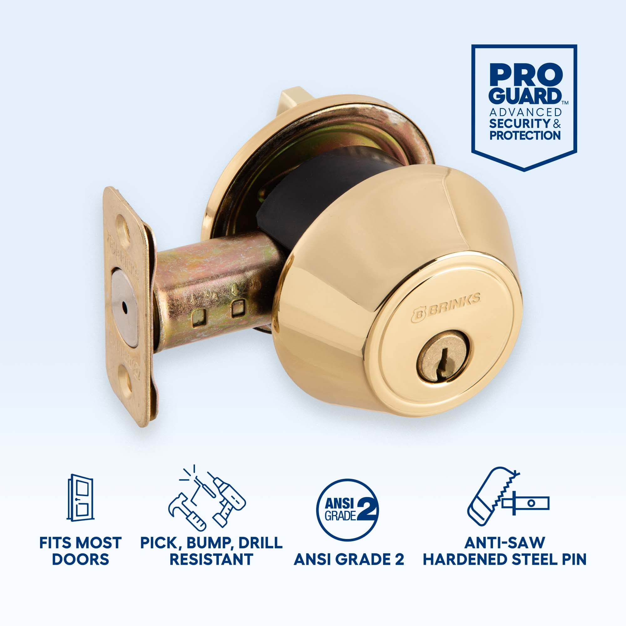 Brinks Single Cylinder Deadbolt Lock, Polished Brass Finish