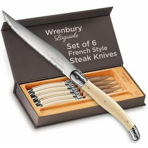 Laguiole Steak Knives Set of 6 Stainless Steel – French Design Sharp Serrated Steak Knife Set - Dinner Knives for Dining - Ivory