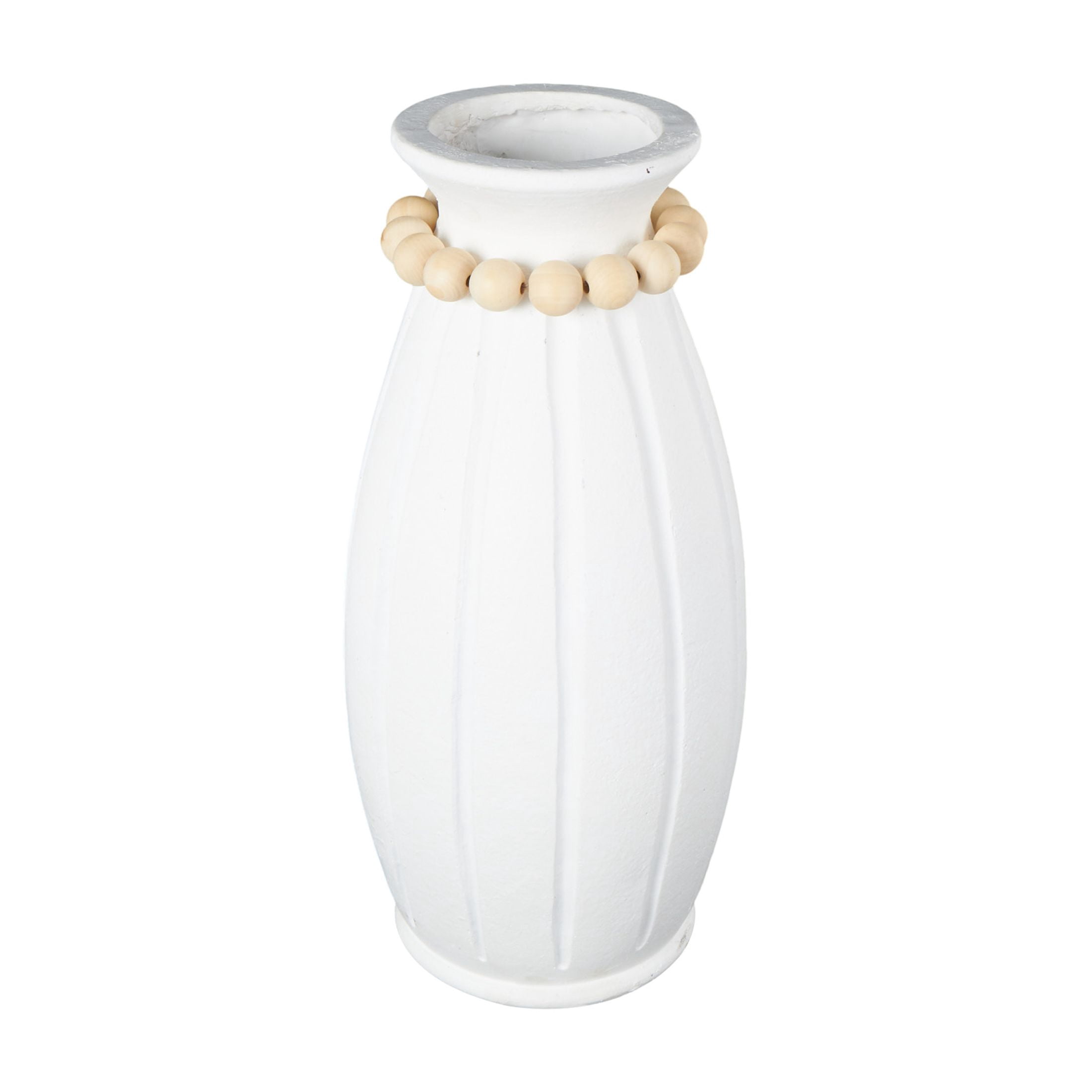 DecMode 20" White Magnesium Oxide Vase with Light Brown Beads and Carved Grooves