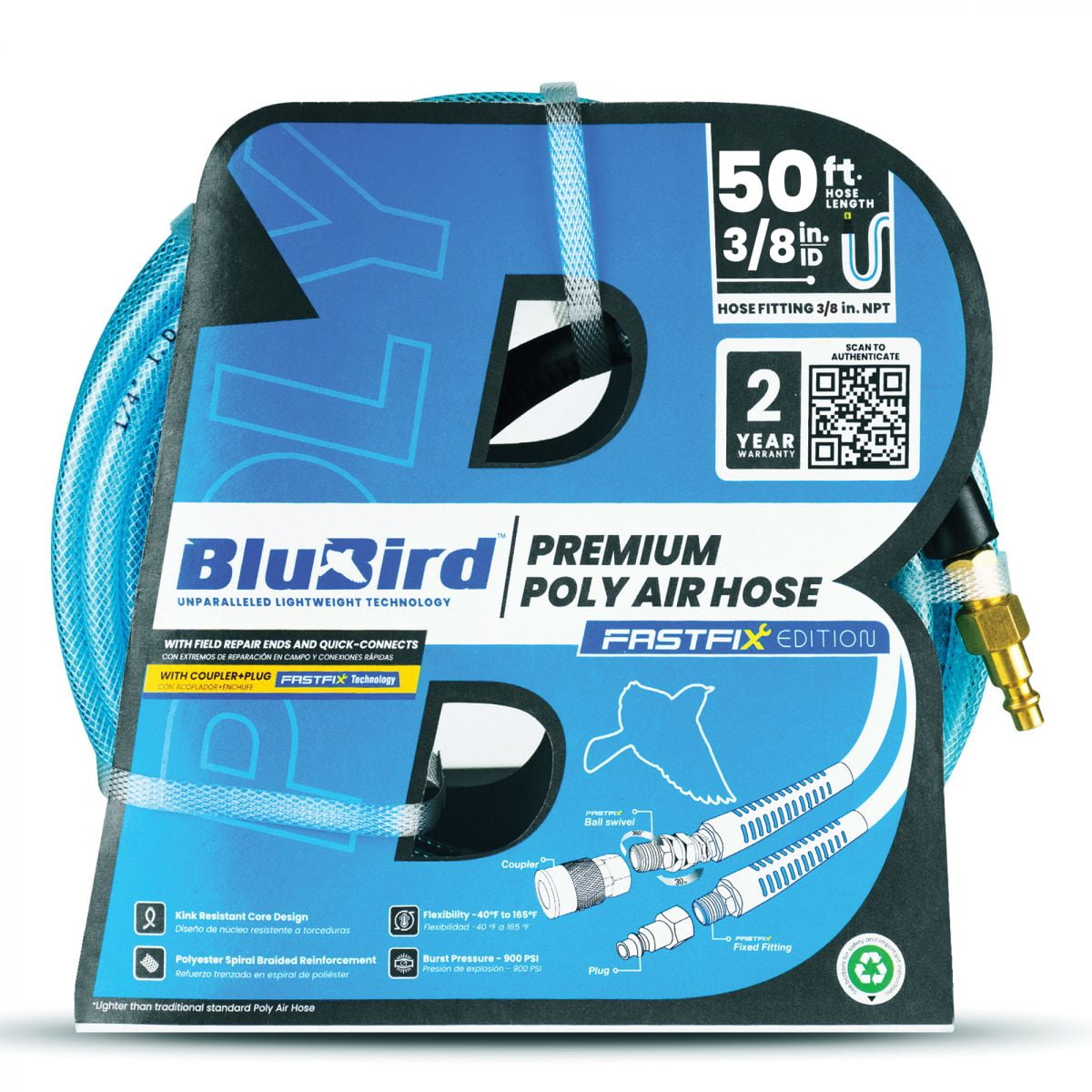 BluBird 3/8" x 50' Polyurethane Air Hose – Lightweight, 300 PSI, Brass Fittings, Non-Marking, Flexible -40°F to +165°F, Kink & Abrasion Resistant – 2 Yr Warrant
