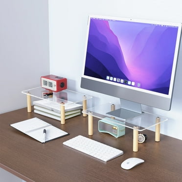 NiHome Acrylic Monitor Stand Risers Set of 2 for Office Laptop, Computer, Acrylic & Pine Wood Multifunctional Desk Storage Organizer, Easy Assembly Versatile Storage with Anti-Slip Rubber Pads