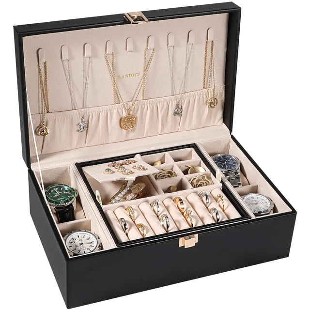 Organizador de Caja de Joyas LANDICI de 2 Niveles con 4 Compartimientos para Relojes