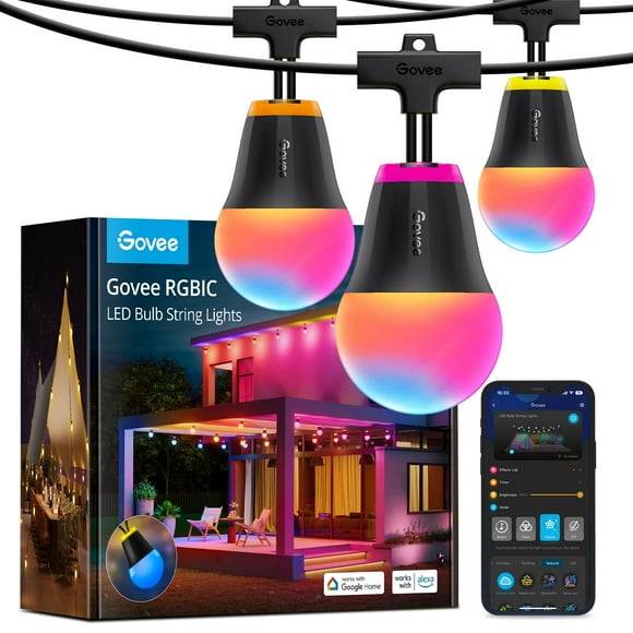Govee Outdoor String Lights H1, 50ft RGBIC Outdoor Lights with 15 Dimmable Warm White LED Bulbs, Smart Outdoor Lights with 60 Scene Mode, IP65 Waterproof, Work with Alexa for Christmas, Daily Lighting