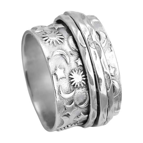 DESIGNICE Sun and Moon Ring Sterling Silver Stars Spinner Fidget Band Boho Wide