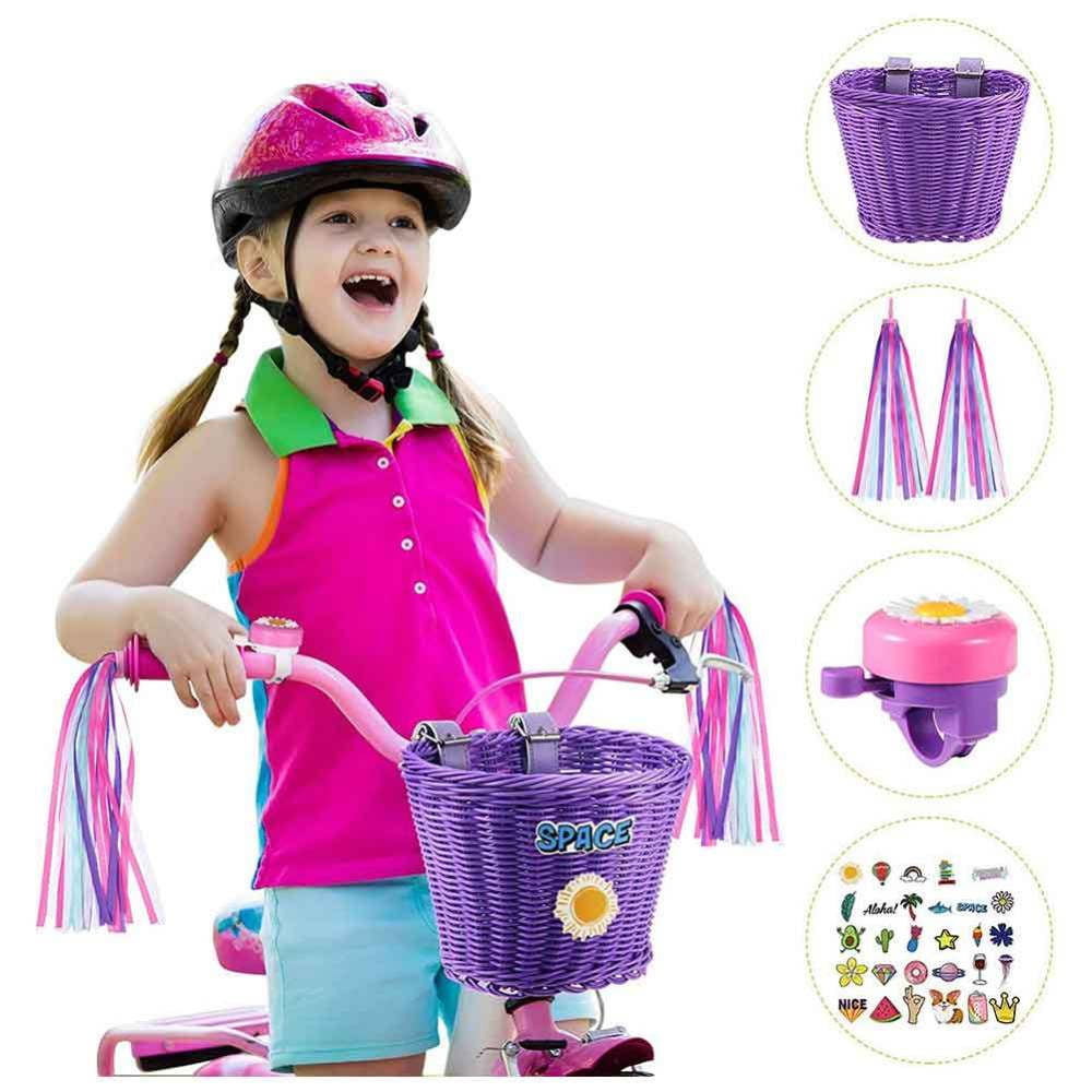 Kids Bike Basket for Girls Front Bike Accessories 14 to 16 inch,Wicker Basket Handlebar Bicycle Basket for Girls,Bike Bell,Streamers,Stickers Bike Decoration Accessories Set