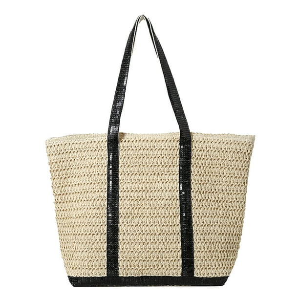 Bolso de hombro de paja FLhrweasw tejido femenino gran capacidad lentejuelas Color contrastante
