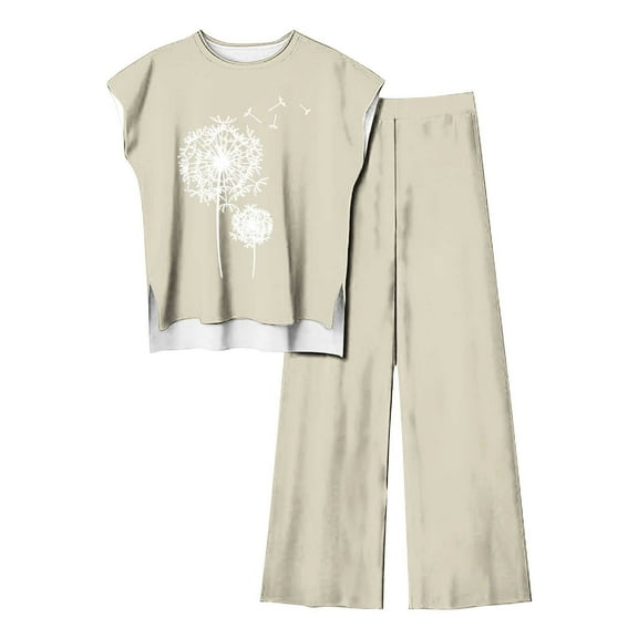 Nrmvnmi Women's Floral Printed 2 Piece Outfits Cap Sleeveless Pullover Sweater High Low Vest Tops Elastic Waisted Pants Loungwear Set Beige 2XLMothers Day Gifts