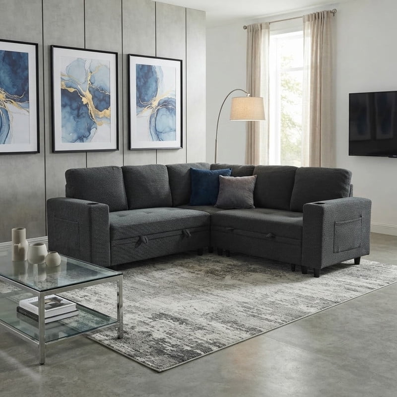 L-Shape Sectional Sofa with Pull-Out Sleeper Bed, Storage Chaise, Cup Holders & Side Pockets, Convertible Corner Sofa Couch for Living Room, Apartment & Guest Room