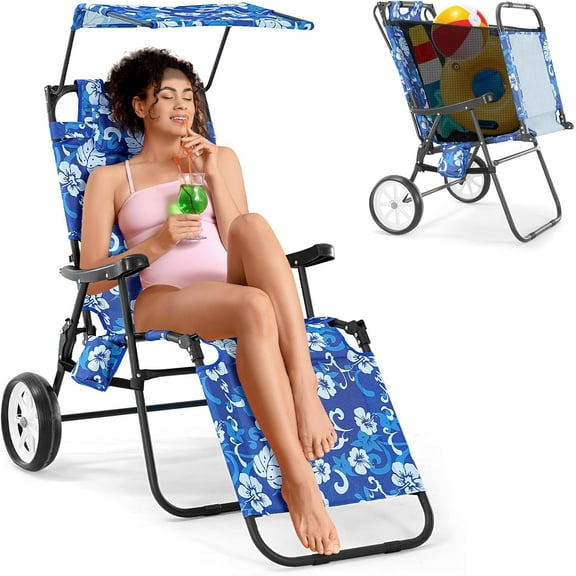 2-in-1 Beach Chair with Wheels, Folding Beach Cart Chair for Sand, Outdoor Sunbathing, Picnics, Pool - Adjustable Sunshade & Cup Holder