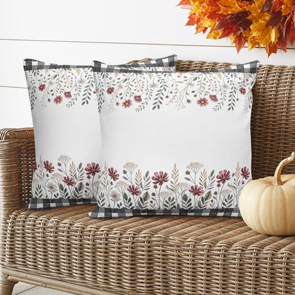 Fall Wildflower Outdoor Waterproof Pillow Covers Set of 2, Watercolor Leaf Floral Pillowcase Decorative Throw Cushion Cases for Patio Garden Couch 16 x 16 Inches