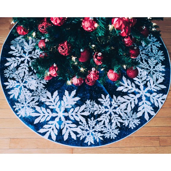 48” Christmas Tree Skirt for Holiday Party Indoor Decorations Silver Sparkle Snowflakes