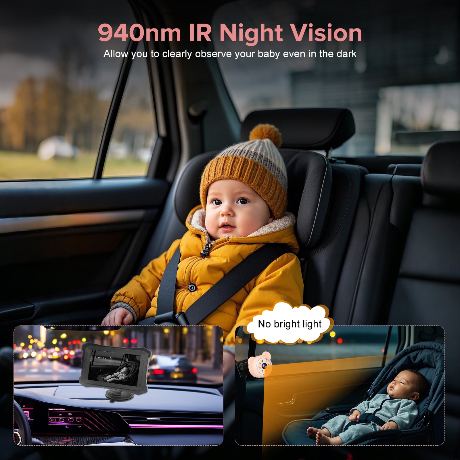 Baby Car Camera 5 inch Monitor for Backseat Simple Installation Carseat Camera with Rear-Facing Infant Monitoring IR Night Vision and 360° Rotatable Baby Car Monitor for Children(Pink))