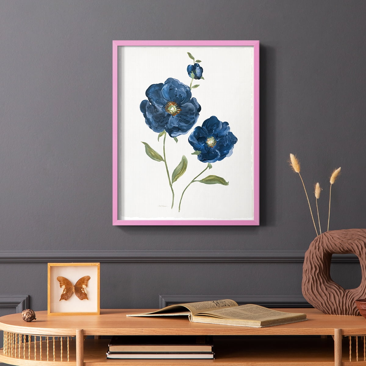 Blue Poppies Framed Print in Pink Solid Wood Framed Print No Nail Hanging