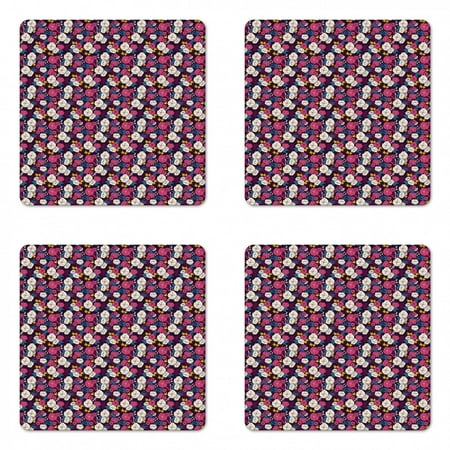 

Floral Coaster Set of 4 Demonstration of Jungle Flowers Island Setting Exotic Leaves in Dark Tones Pattern Square Hardboard Gloss Coasters Standard Size Multicolor by Ambesonne