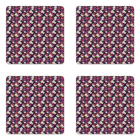 

Floral Coaster Set of 4 Demonstration of Jungle Flowers Island Setting Exotic Leaves in Dark Tones Pattern Square Hardboard Gloss Coasters Standard Size Multicolor by Ambesonne