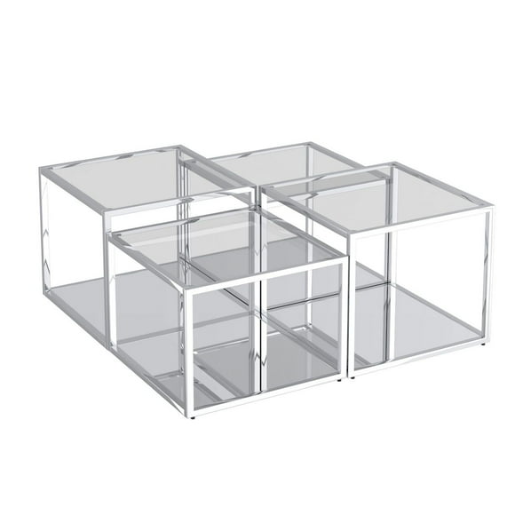 Table de Basse Multi-Niveaux Contemporaine en Métal et Verre, Jeu de 4 - Argent