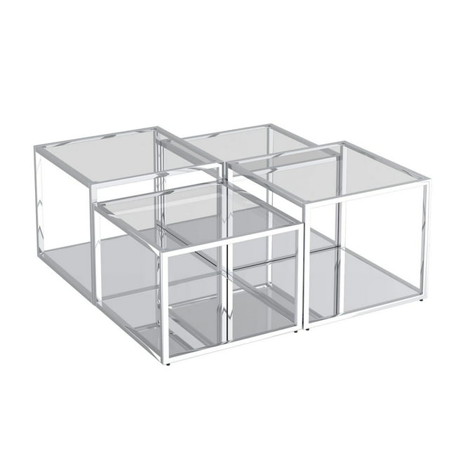 Contemporary set of four silver metal framed coffee tables with clear glass tops arranged in a multi-tier configuration.
