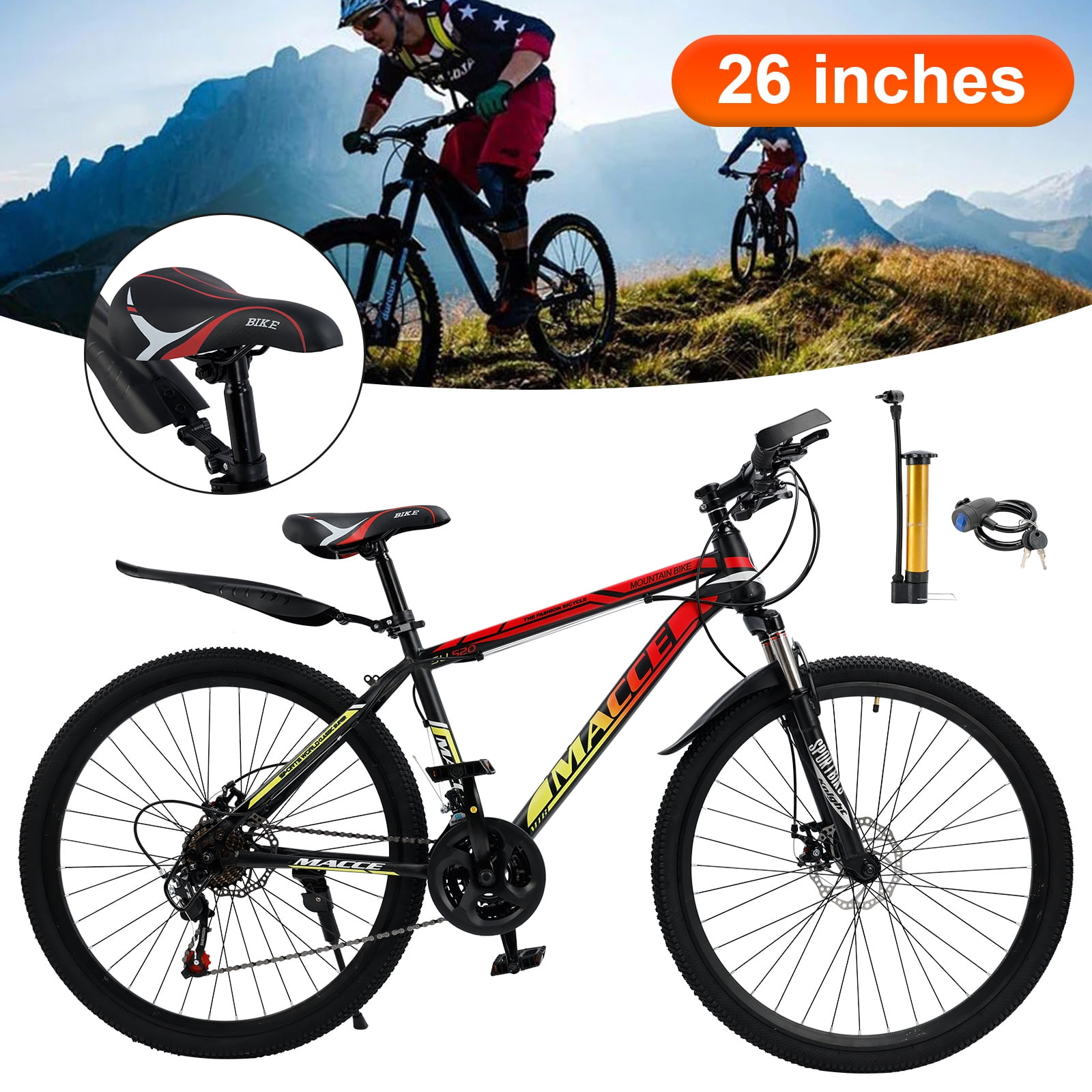 26" Spoke Wheel 24 Speed Mountain Bicycle Adult Bike MTB w/ fender Red & Yellow