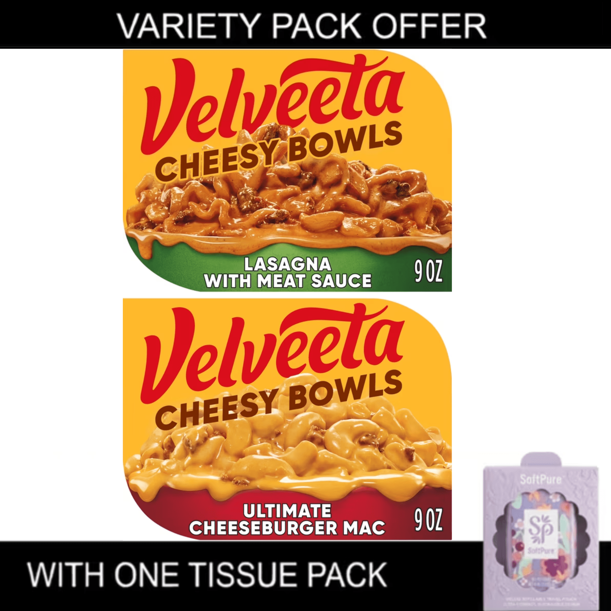 Velveeta Cheesy Bowls Lasagna with Meat Sauce & Ultimate Cheeseburger Mac Microwave Meals, 9 oz, 2 Pack, Includes One Tissue Pack