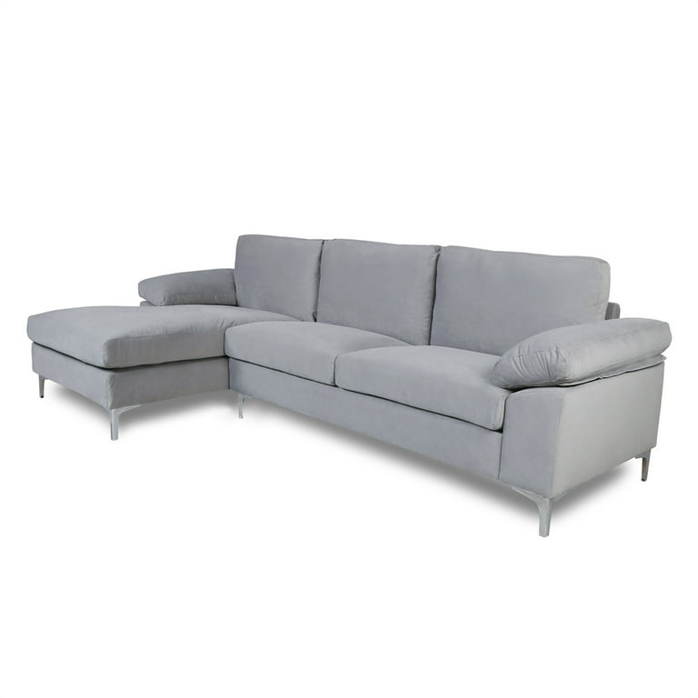 Sectional Sofa with Lounger Chaise Overstuffed Left Hand 3 Seater Velvet Fabric Couch L Shaped Extra Wide 2 Pillows Armrest 42.5 in Longer Lounger