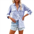 thumbnail image 2 of Camisas A Rayas con Botones para Mujer, Blusas Casuales de Larga con Cuello en V y Bolsillos Azul Real L, 2 of 6