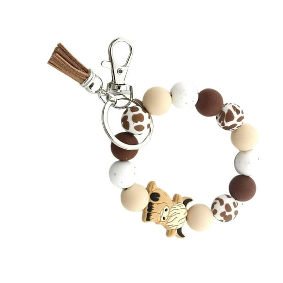 Ciwanning Colorful Highland Cow Wristlet Keychain Silicone Beaded Tassels Holder Accessory