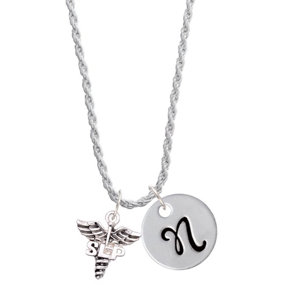 Delight Jewelry Silvertone SLP Caduceus - Silvertone Script Initial Disc - N - Charm Necklace, 20"+3"