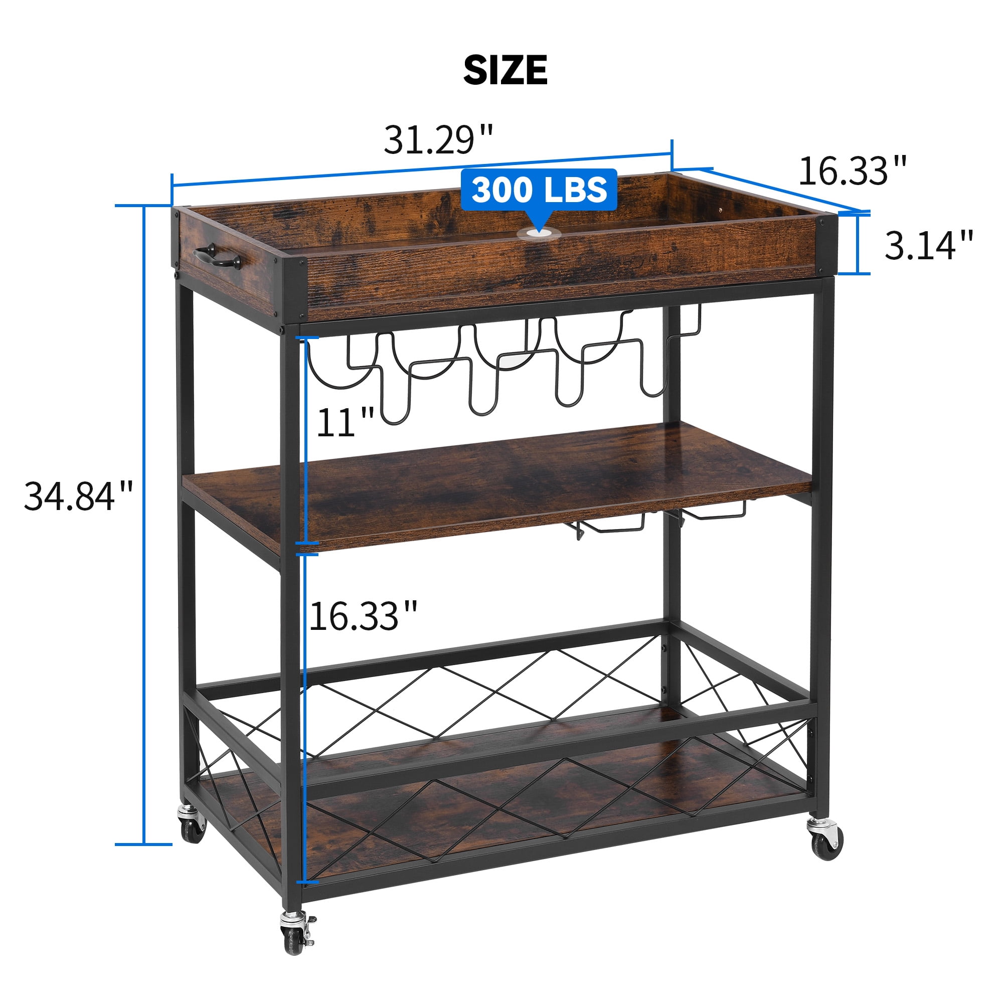 DEXTRUS 31" Rolling Kitchen Cart with Wine Rack and Glass Holder, Removable Tray and Storage Drawer