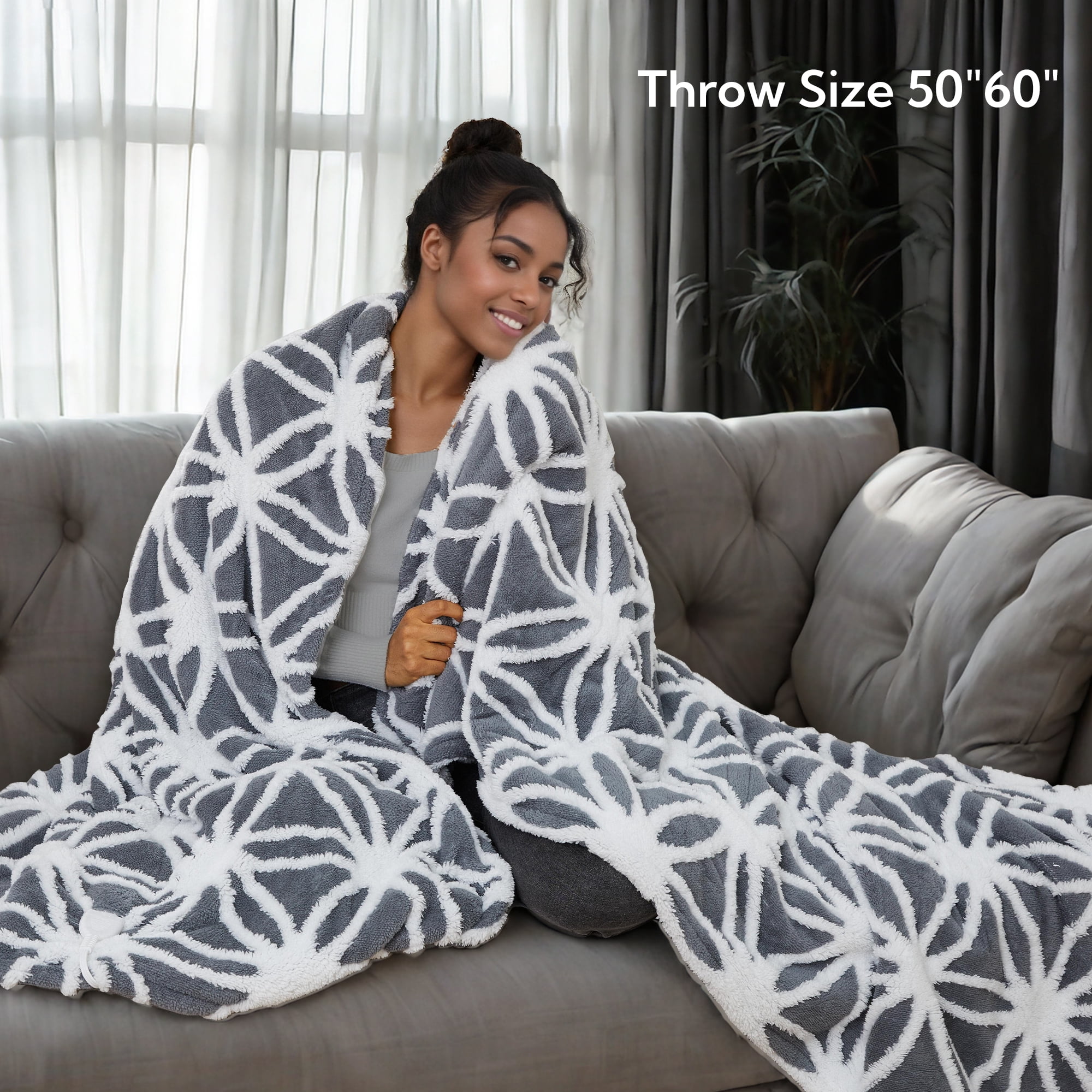 SUNNY HEAT Electric Heated Blanket 5 Heating Levels & 3 H Auto Shut Off, Warm Sherpa & Breathable, 50x60 Inch, Gray