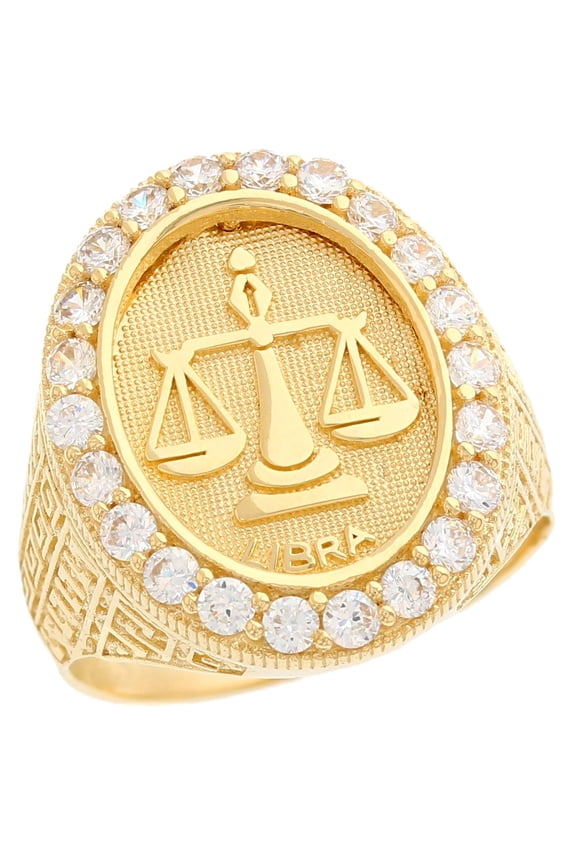 14k Yellow Gold Zodiac Libra Oval Halo White CZ Men's Heavy Ring