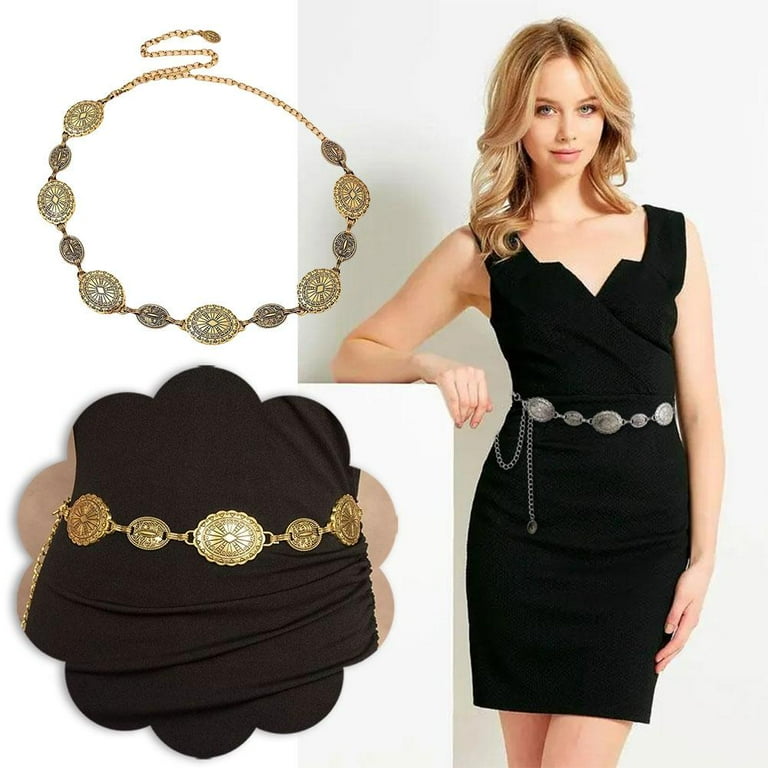 Women Western Concho Chain Belt Silver Metal Oval Waist  display picture 2