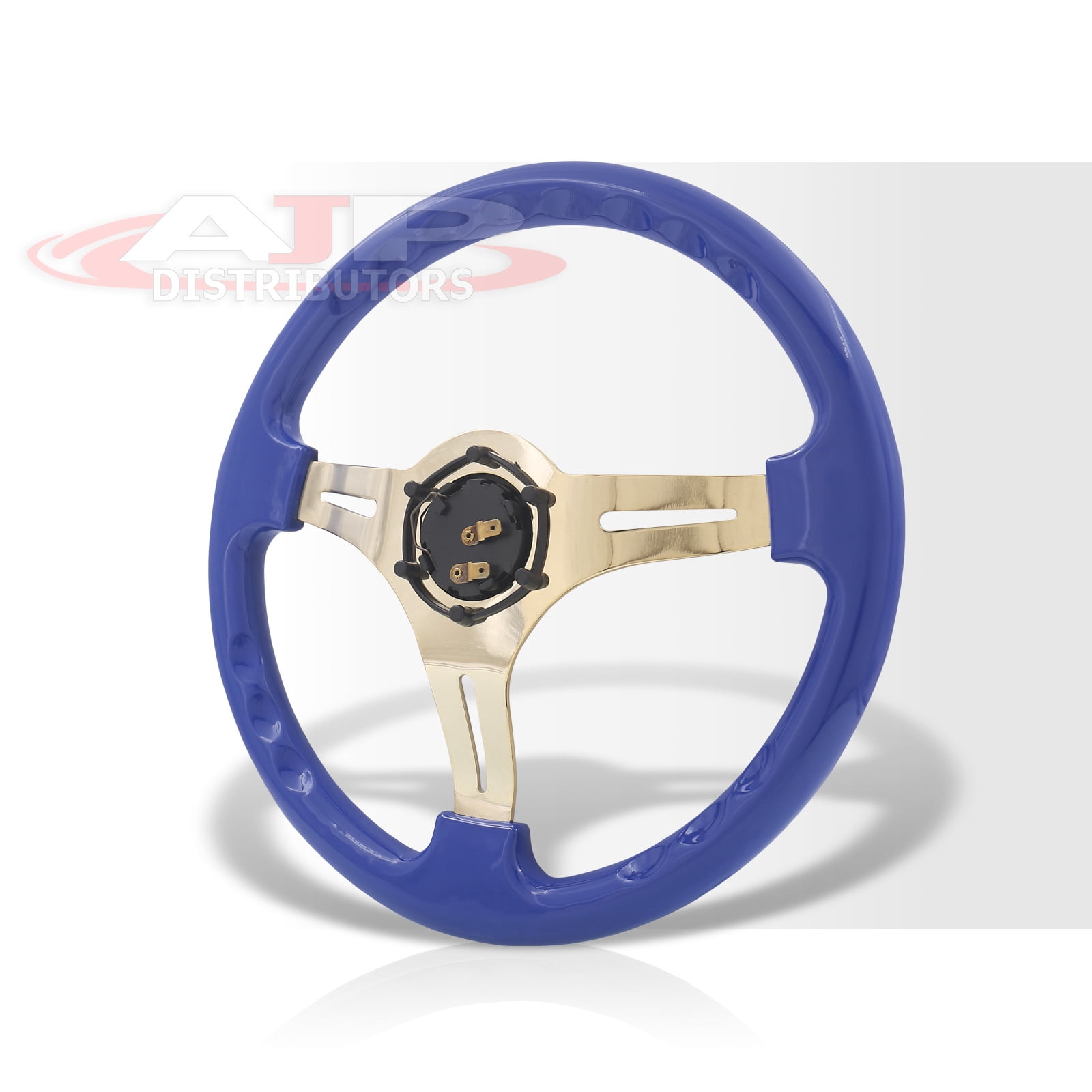 AJP Distributors Universal 350mm 14" 6 Bolts Holes Heavy Duty Steel Light Weight Blue Deep Dish Steering Wheel Horn Button Grip JDM Stance Sport Drifting 3 Spokes Gold Center