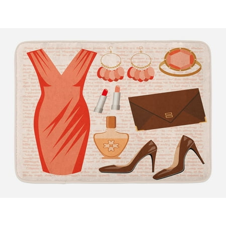 Heels and Dresses Bath Mat, Accessories Fashion Cocktail Dress Lipstick Earrings High Heels, Non-Slip Plush Mat Bathroom Kitchen Laundry Room Decor, 29.5 X 17.5 Inches, Salmon Brown Peach, (Best Cocktails In Bath)