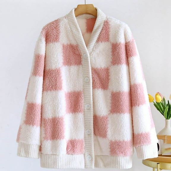 FDGIU Women's Fleece Pajama Jacket‌, Oversized V-Neck Cardigan Coat with Pockets, Cozy Winter Sleepwear & Loungewear